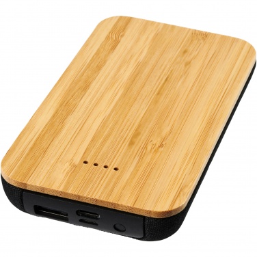 Logotrade Werbeartikel das Foto: Future 6.000 mAh kabellose Powerbank mit Ladefunktion aus Bambus/Stoff