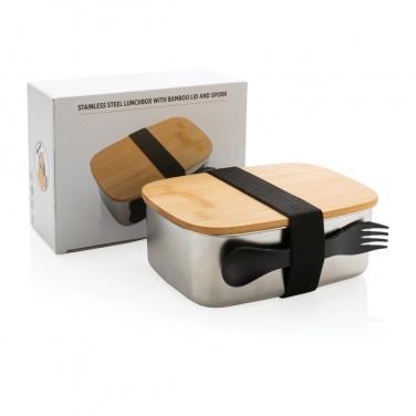 Logotrade business gift image of: Stainless steel lunchbox with bamboo lid and spork