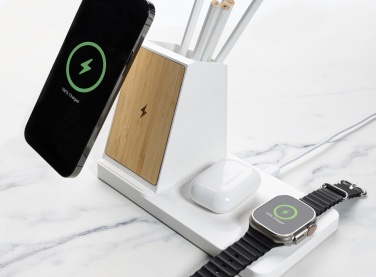 Logotrade promotional gift image of: Ontario recycled plastic & bamboo 3-in-1 wireless charger