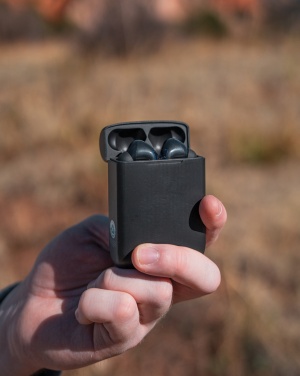 Logotrade promotional product picture of: Skywave RCS recycled plastic solar earbuds