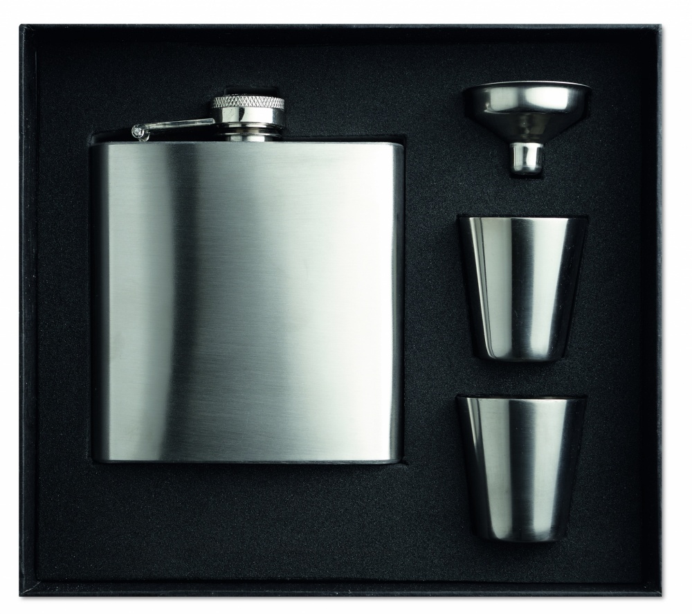 Logo trade promotional giveaway photo of: Slim hip flask w 2 cups set