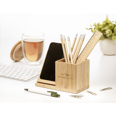 Logo trade promotional gift photo of: Bamboo Boss 15W charger/pen holder