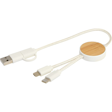 Logo trade promotional products image of: Chechia 5-in-1 recycled plastic 30 cm data sync and 27W fast charge cable with bamboo details