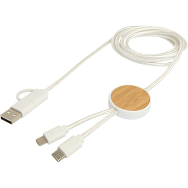 Logo trade promotional products image of: Chechia 5-in-1 recycled plastic 150 cm data sync and 27W fast charge cable with bamboo details