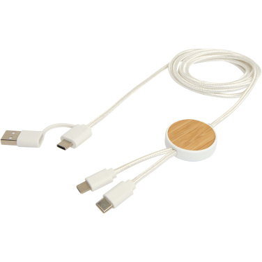 Logo trade advertising products image of: Chechia 5-in-1 recycled plastic 150 cm data sync and 27W fast charge cable with bamboo details