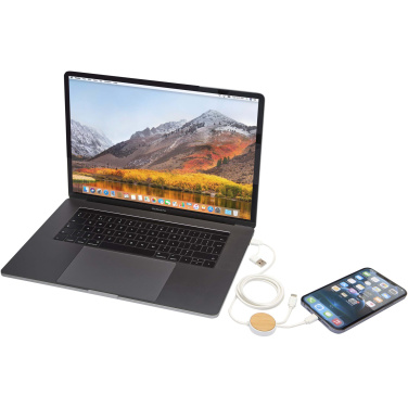 Logotrade promotional gift picture of: Chechia 5-in-1 recycled plastic 150 cm data sync and 27W fast charge cable with bamboo details