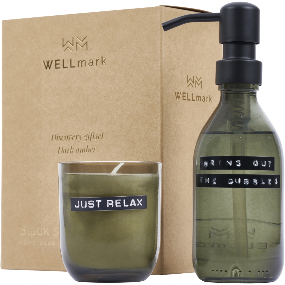 Logotrade reklaamkingi foto: Wellmark Discovery 200 ml käteseebi dosaator ja 150 g lõhnaküünla komplekt - tume merevaigu lõhn