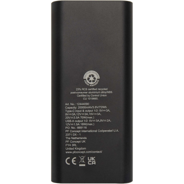 Logotrade korporatīvās dāvanas foto: Acamar 20.000 mAh 70W pārstrādāta alumīnija klēpjdatora pārnēsājamais akumulators