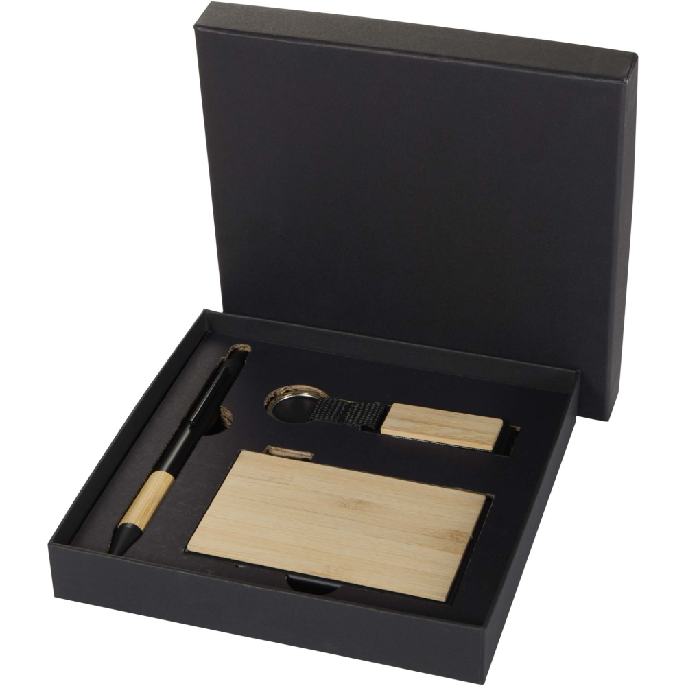 Логотрейд бизнес-подарки картинка: Подарочный набор Minka из шариковой ручки, брелока и держателя RFID-карты из переработанного алюминия, сертифицированного согласно RCS